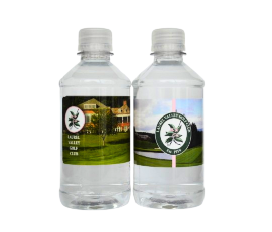 Laurel Valley Golf Club custom labeled water bottles featuring course photography