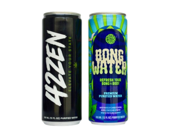 Custom labeled water for dispensaries — printed 12 oz sleek cans for 42Zen and Bong Water
