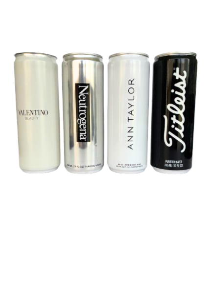 Custom labeled water for event planners — printed 12 oz cans for Valentino Beauty, Neutrogena, Ann Taylor, and Titleist