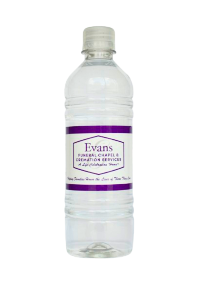 Custom labeled water for funeral homes — 16.9 oz bottle for Evans Funeral Chapel & Cremation Services