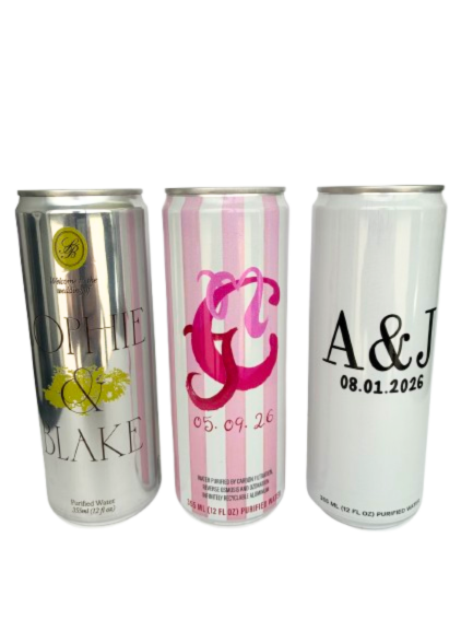 Custom water bottles for weddings — personalized 12 oz printed cans with couples' names, monograms, and wedding dates
