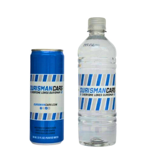 Ourisman Cars custom printed 12 oz can and custom labeled bottle with matching dealership branding