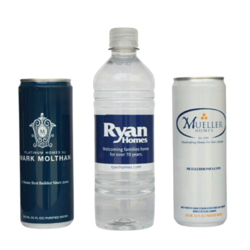 Ryan Homes custom labeled bottled water with a blue text label, shown with printed cans for Mark Molthan and Mueller Homes
