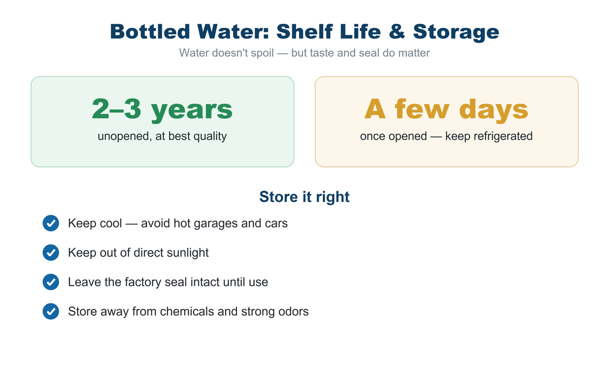 Bottled water shelf life and storage infographic: 2 to 3 years unopened, a few days once opened, plus storage tips
