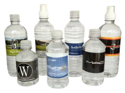 Custom labeled bottled water in multiple sizes with flat and sports caps and full-color custom label designs