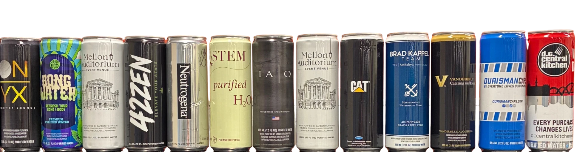 Lineup of custom-printed aluminum water cans DrinkMore has produced for brands and events across the DMV