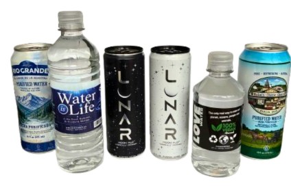 Private label bottled and canned water DrinkMore has produced for brands including Rio Grande, Water is Life, Lunar, Love is Water and Bunker Hill