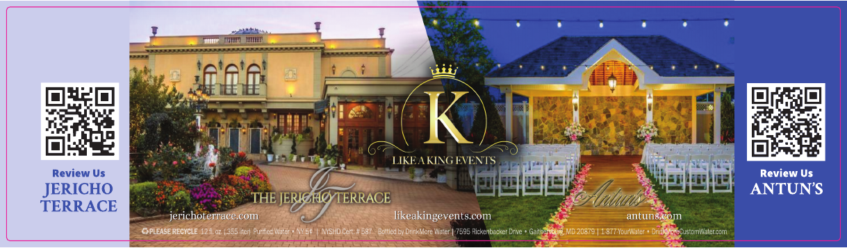 Custom water bottle wrap for Jericho Terrace event venue with QR codes to leave a review