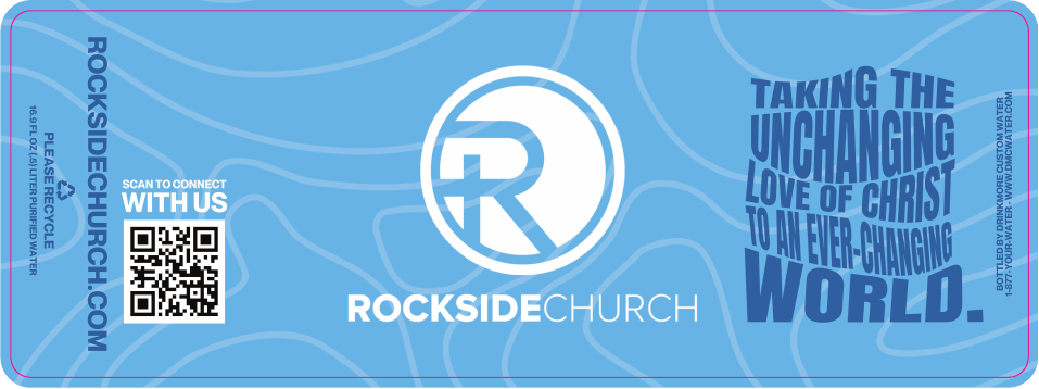 Custom bottled water label for Rockside Church with a scan-to-connect QR code